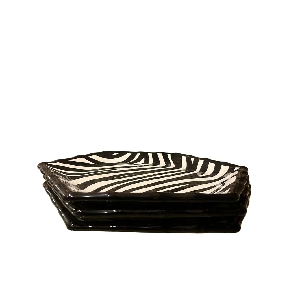 Roscher Zebra Collection Earthenware Hexagon Plates Black White Set‎ of 3
